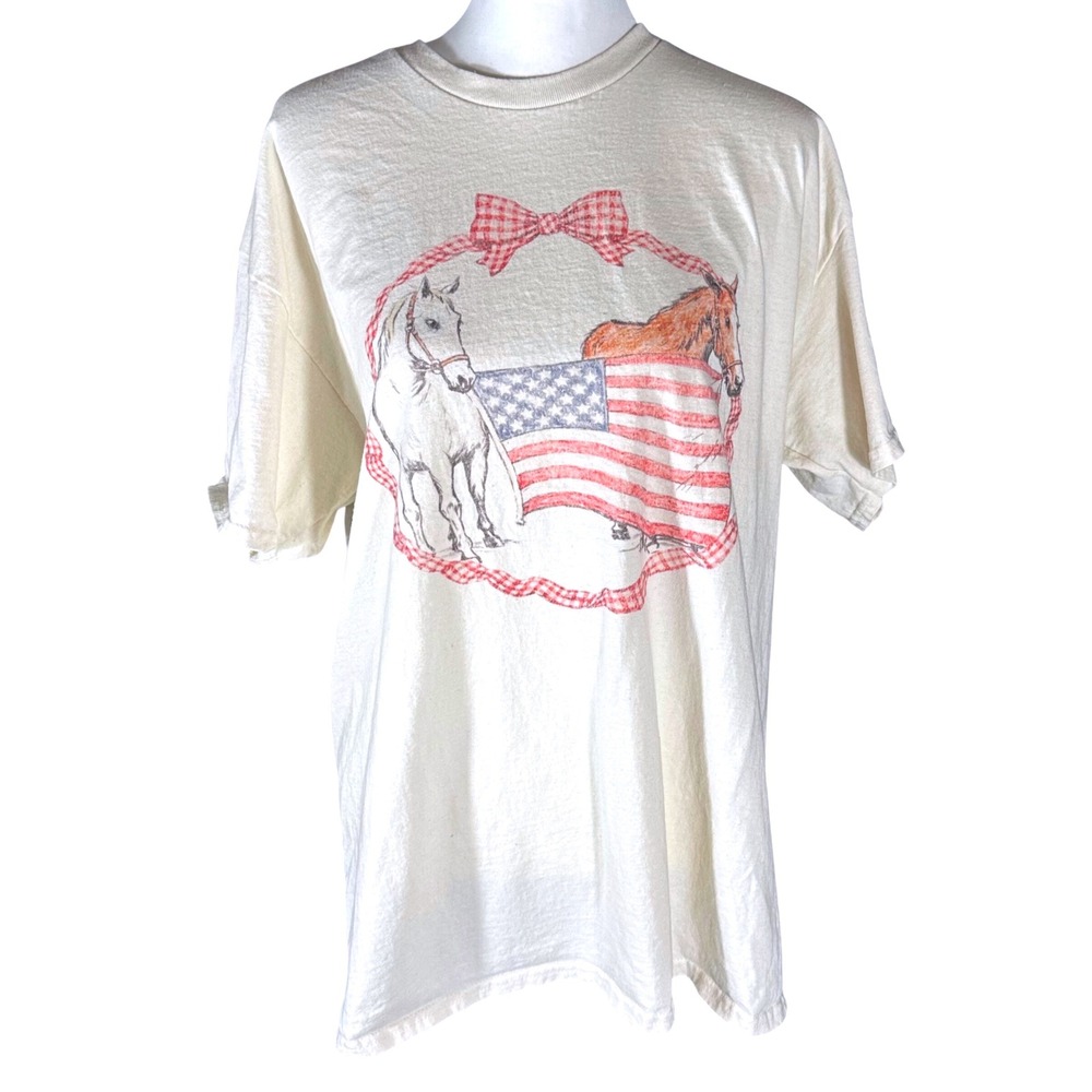 Super Mrkt. Graphic T-Shirt Women M/L Cream Horse American Flag Gingham Bow